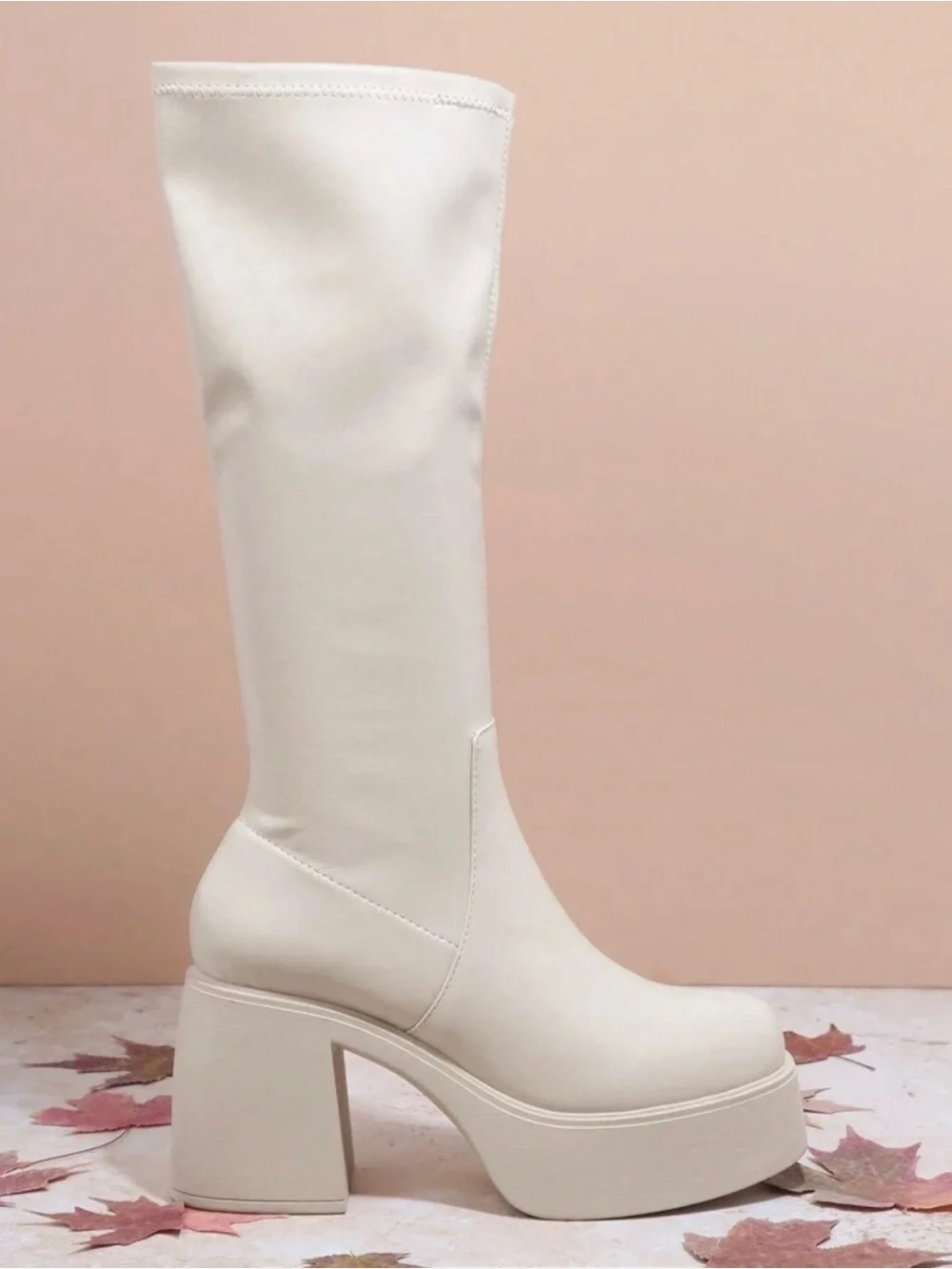 SHEIN Cream Platform Over-the-Knee Block Heel Boots with Side Zip